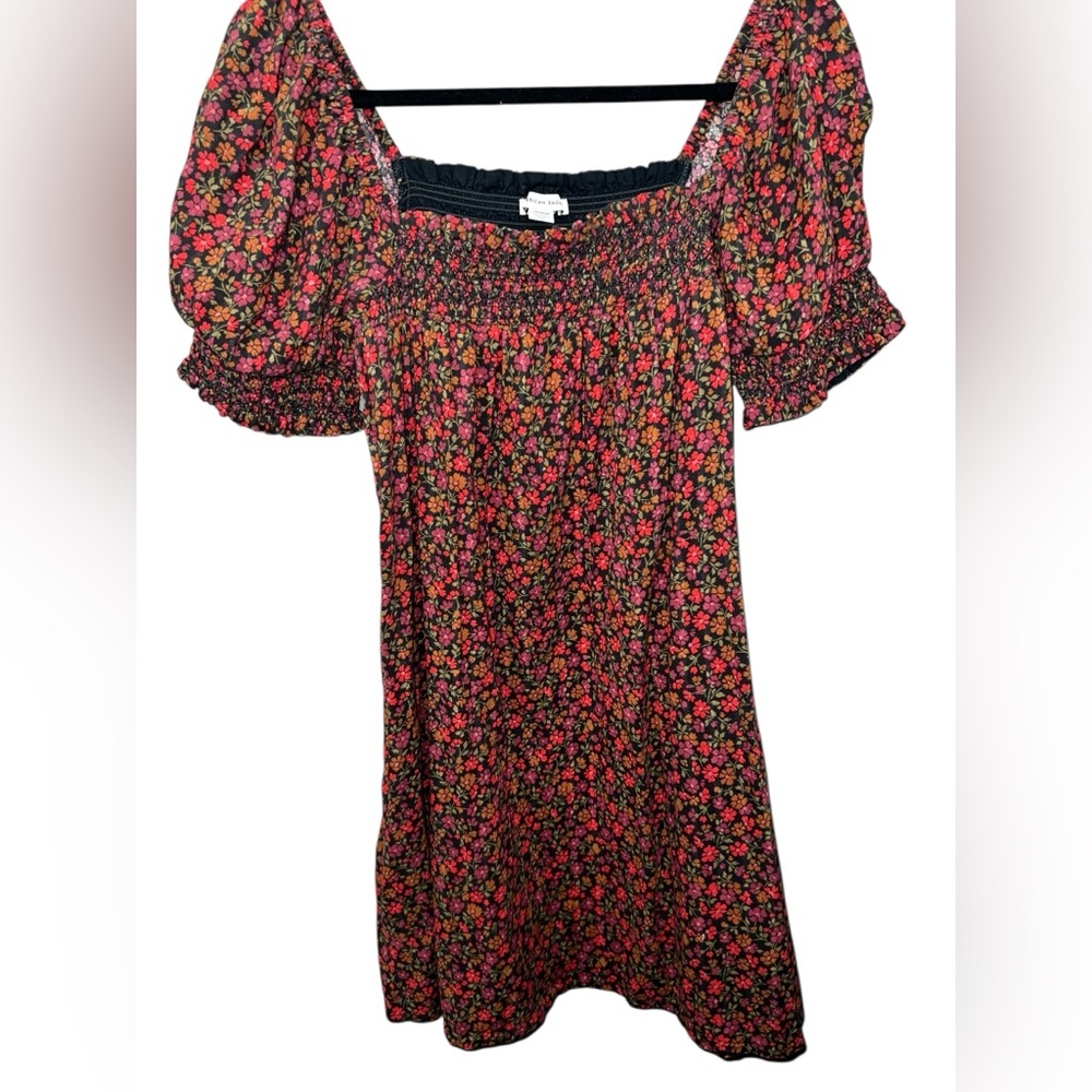 American Eagle Red Pink Green Floral Cotton Puff Sleeve Pocket Smock Dress M